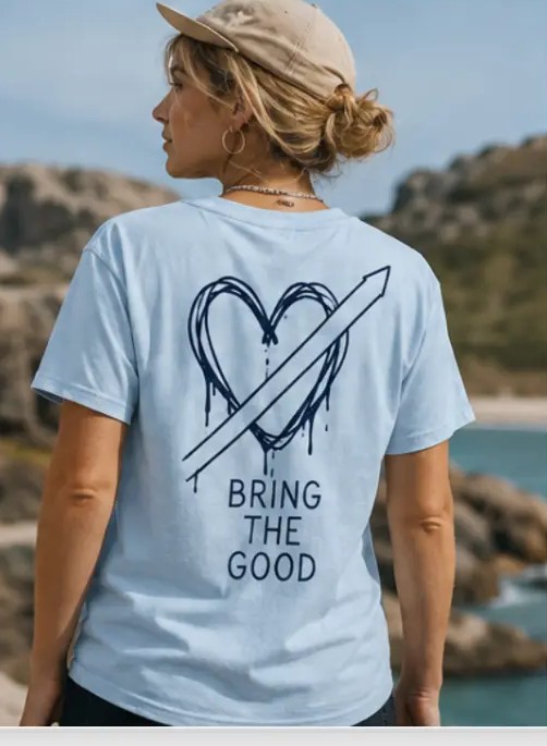 Back print — hand-drawn heart with a beam of light